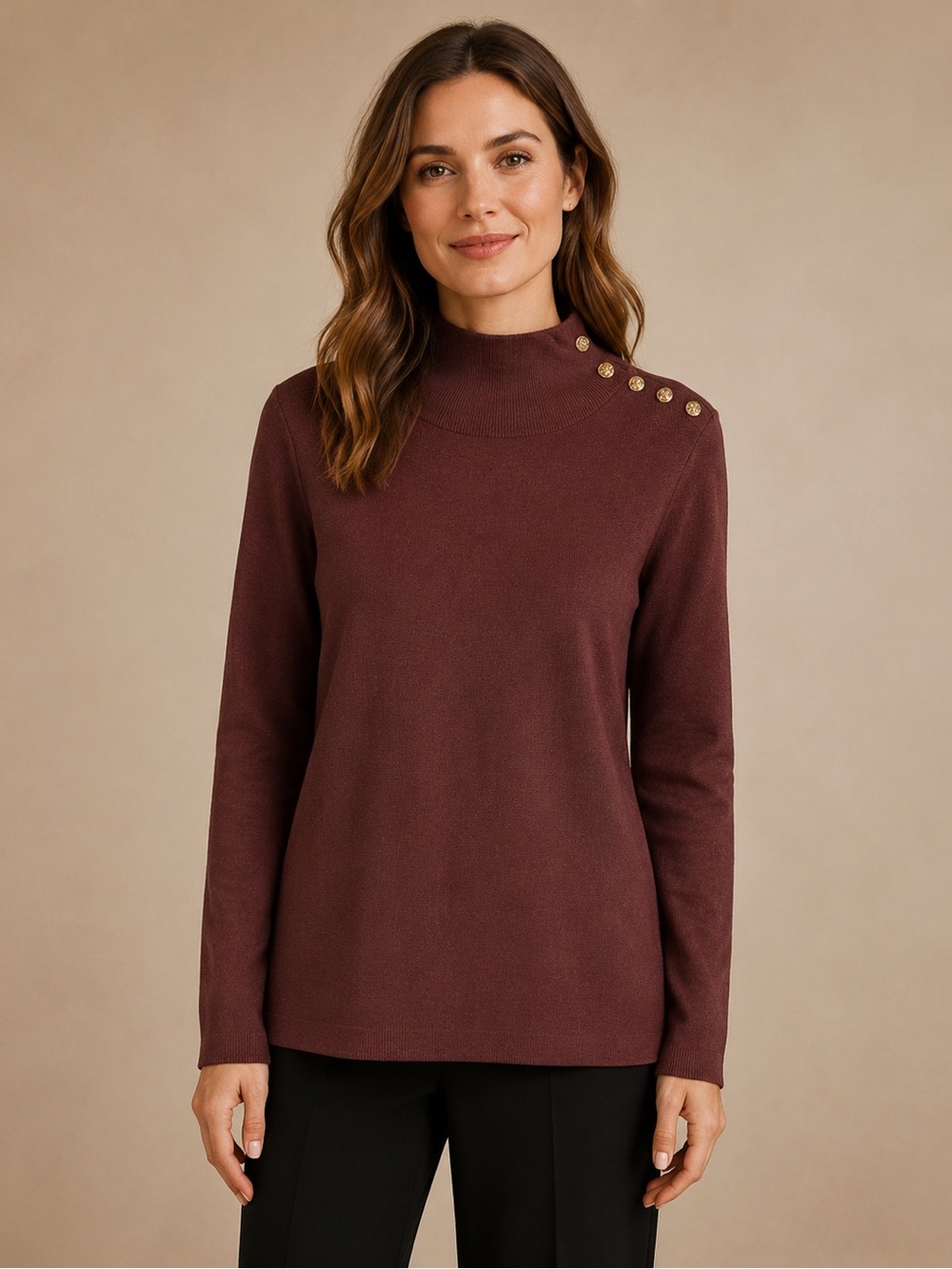 Chico's Burgundy Mock Neck Sweater with Gold Shoulder Buttons